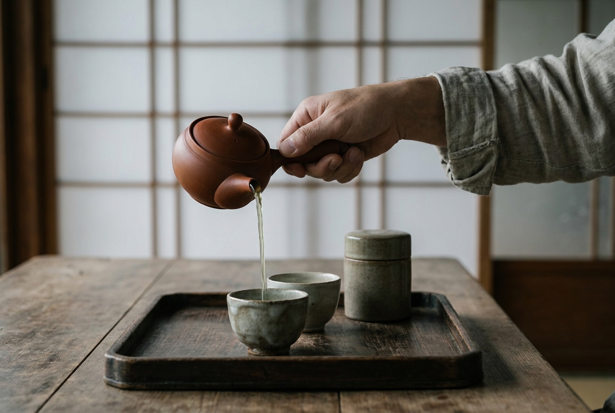 A hand gripping the side handle of a red clay kyusu, pouring green tea straight down into a small cup on a wooden tray